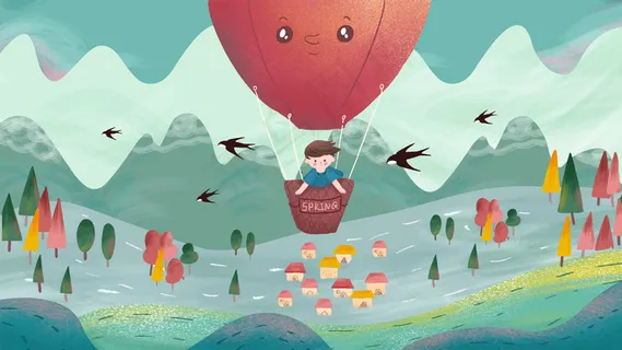 春天卡通可爱清明男孩坐热气球踏青配图