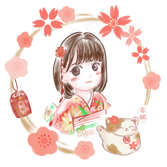 和风可爱手绘和服女孩Q版,免抠元素
