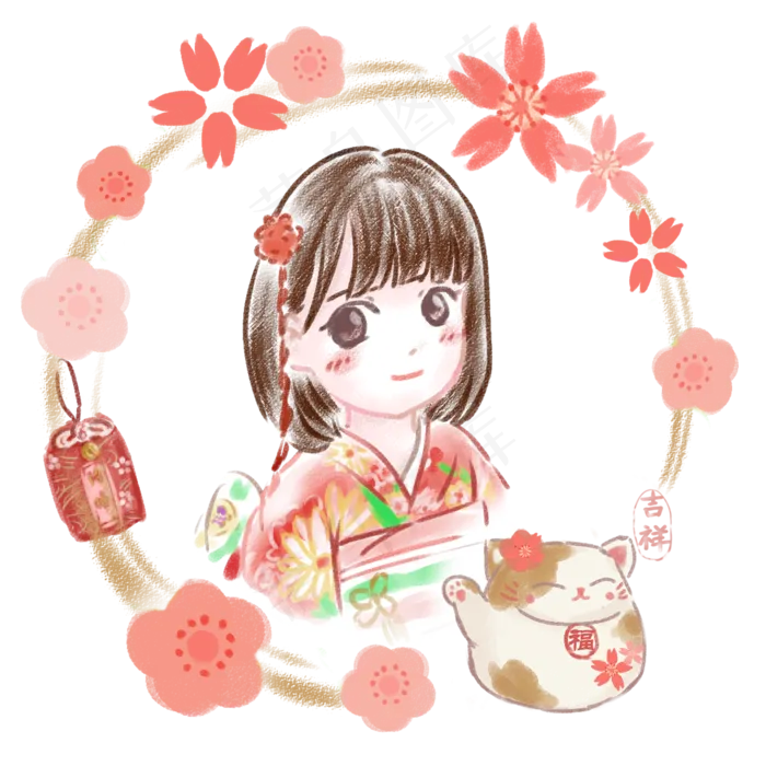 和风可爱手绘和服女孩Q版,免抠元素