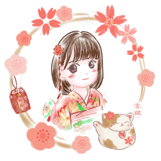 和风可爱手绘和服女孩Q版,免抠元素