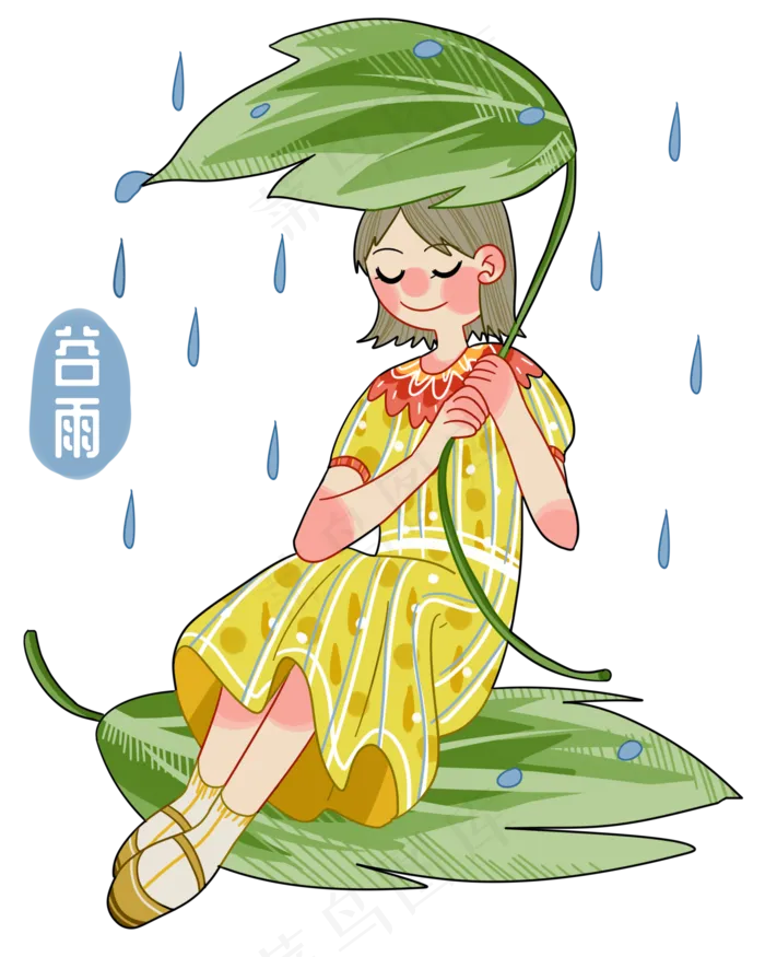 谷雨拿叶子挡雨的女孩(2000X2500(DPI:299))psd模版下载