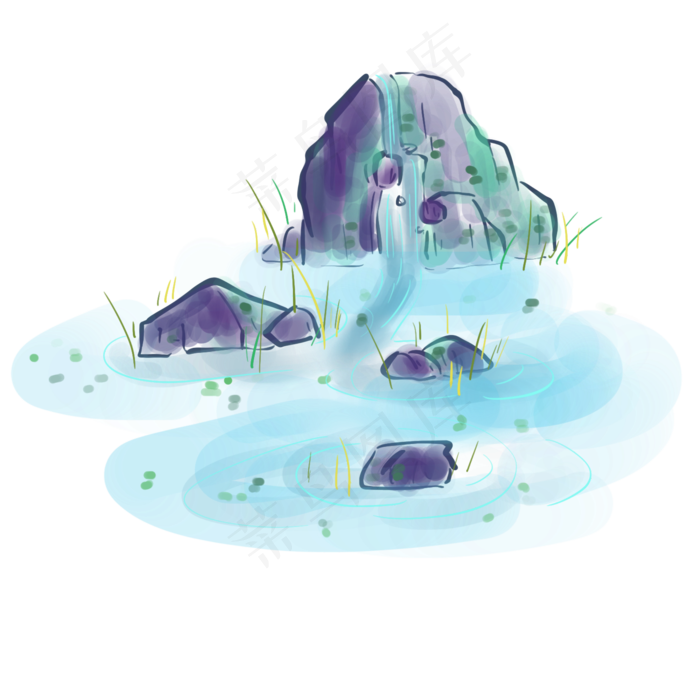 水墨小溪和石头,免抠元素