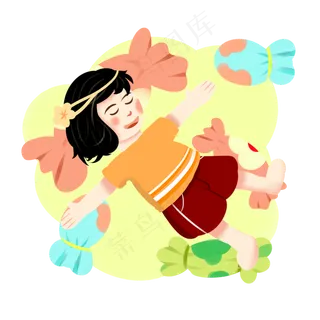 儿童节扁平风手绘躺在水果糖上的