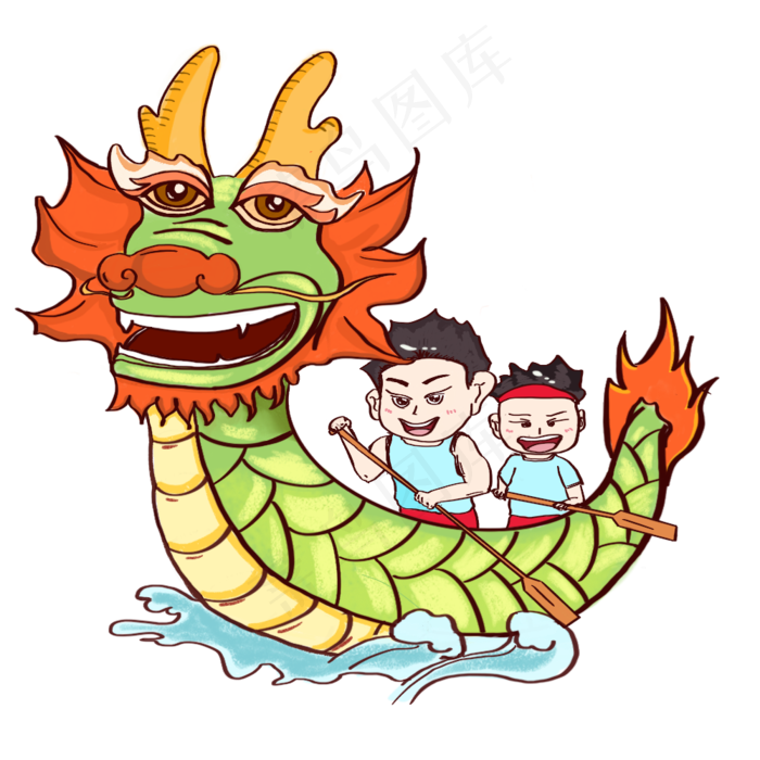 端午节绿色卡通手绘划龙舟