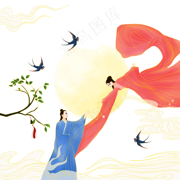 国潮七夕牛郎织女相会(2000X2000(DPI:300))psd模版下载