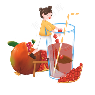 秋季水果之石榴和制作石榴汁的女