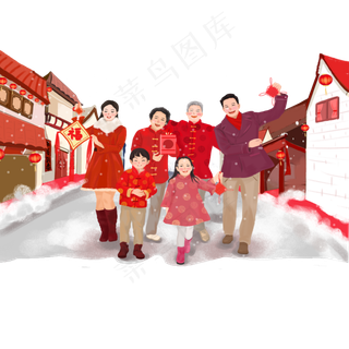 春节合家欢雪夜春节除夕欢乐中国,免抠元素