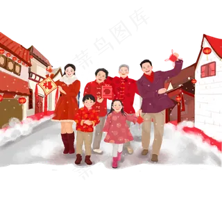春节合家欢雪夜春节除夕欢乐中国,免抠元素