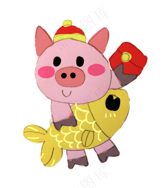 小年粉色小猪年年有余红包小元素,免抠元素