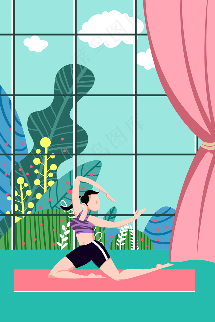 蓝色系卡通手绘风夏景小暑瑜伽女孩配图