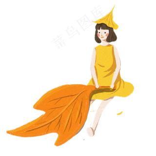 拿着叶子坐在地上的小女孩免抠图