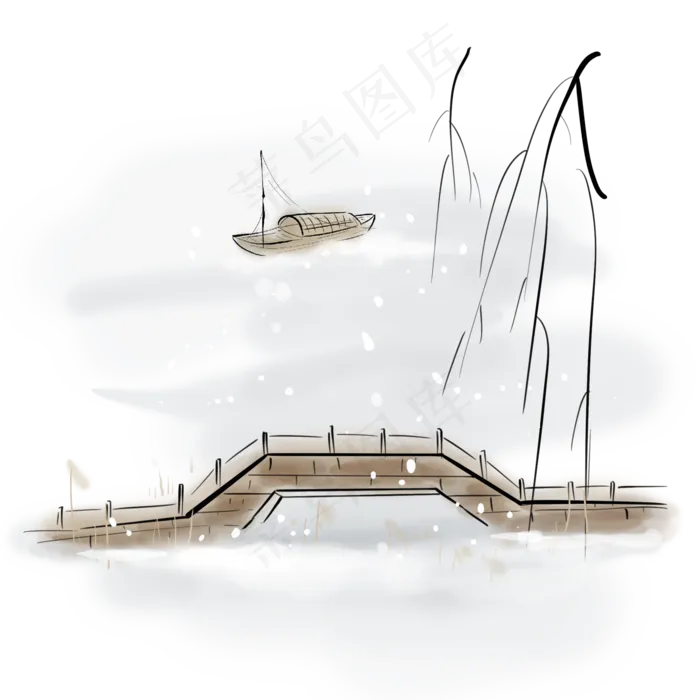 水墨冬天雪天的小桥,免抠元素(2000*2000px 300 dpi )psd模版下载