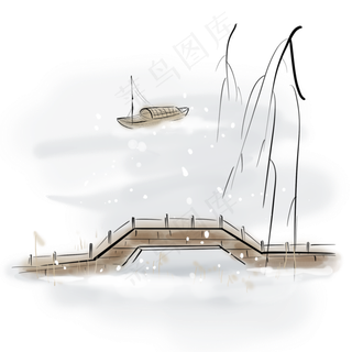水墨冬天雪天的小桥,免抠元素