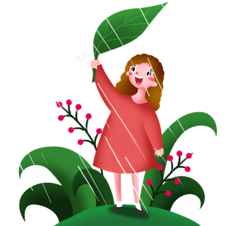 谷雨拿着叶子挡雨的小女孩