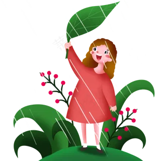 谷雨拿着叶子挡雨的小女孩