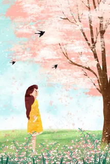 花海女孩欣赏樱花小清新治愈系