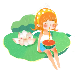 小暑荷叶乘凉吃西瓜女孩png素材