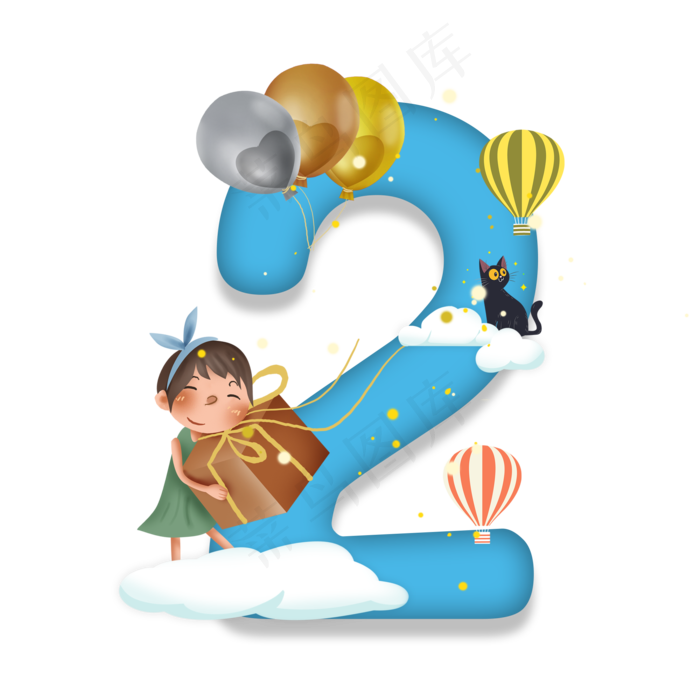 卡通儿童节站在白云上的小女孩数字2