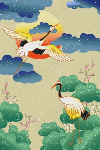 仙鹤 国潮 灰调 复古