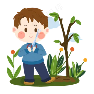 植树节卡通男生修建树叶PNG素材,免抠元素