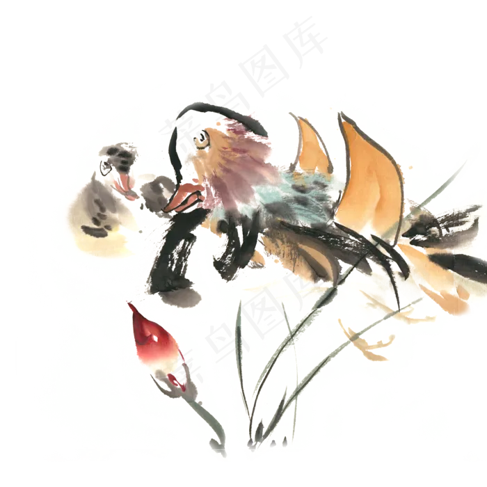 池塘鸳鸯水墨画PNG免抠素材(3543X4724(DPI:150))psd模版下载