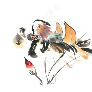 池塘鸳鸯水墨画PNG免抠素材 池塘鸳鸯水墨画PNG免抠素材