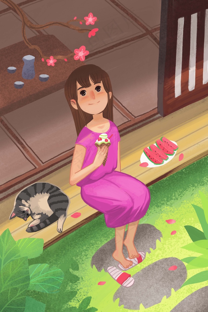 夏天在院子里吃冰激凌的女孩(3545*5315px 300 dpi )psd模版下载