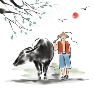 中国风水墨画放牛的牧童