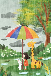 雨水小女孩与动物共用一把伞收回竖图
