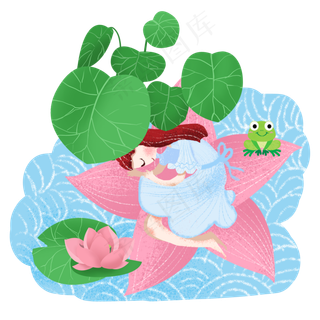 水面上荷花上休息的女孩