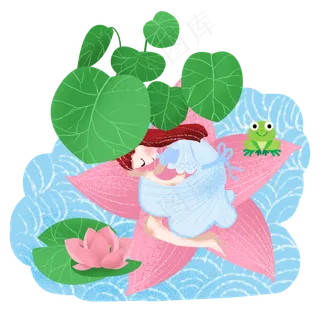 水面上荷花上休息的女孩