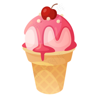 夏季食物卡通手绘樱桃味甜筒,免抠元素