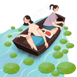 荷塘乘船处暑场景,免抠元素