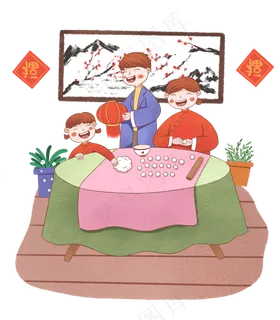 手绘元宵节一家人包汤圆下载,免抠元素