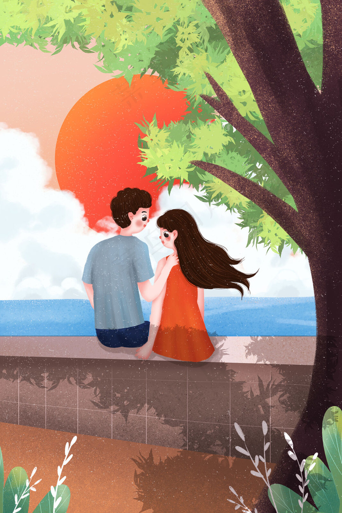 小清新七夕节快乐情侣看夕阳