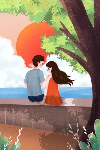 小清新七夕节快乐情侣看夕阳