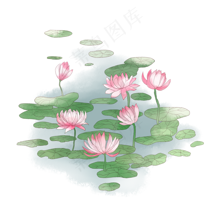植物系列莲花手绘插画,免抠元素