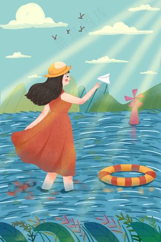 蓝色系卡通唯美立夏女孩与大海配图