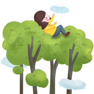 春天小朋友躺在树上摘云朵