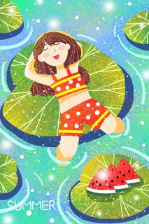 夏日少女池塘荷叶西瓜荷花清新