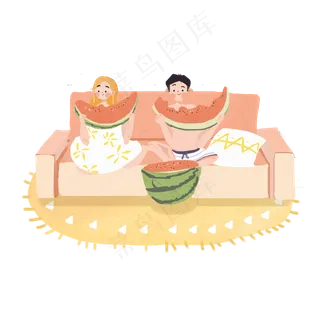 大暑男孩和女孩抱着西瓜PNG素材