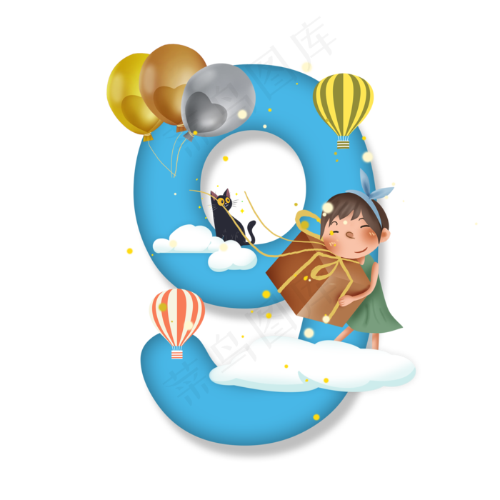 卡通儿童节站在白云上的小女孩数字9