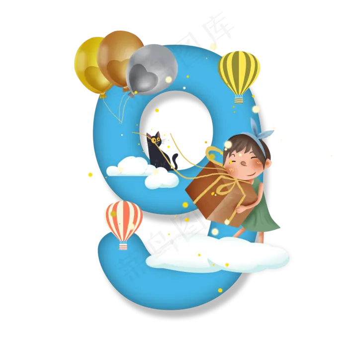 卡通儿童节站在白云上的小女孩数字9