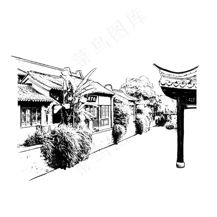 水上古镇老街速写(2000X2000(DPI:300))psd模版下载