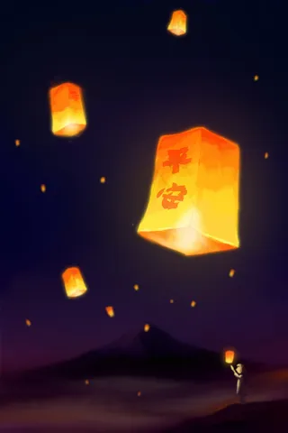 手绘放孔明灯的女孩