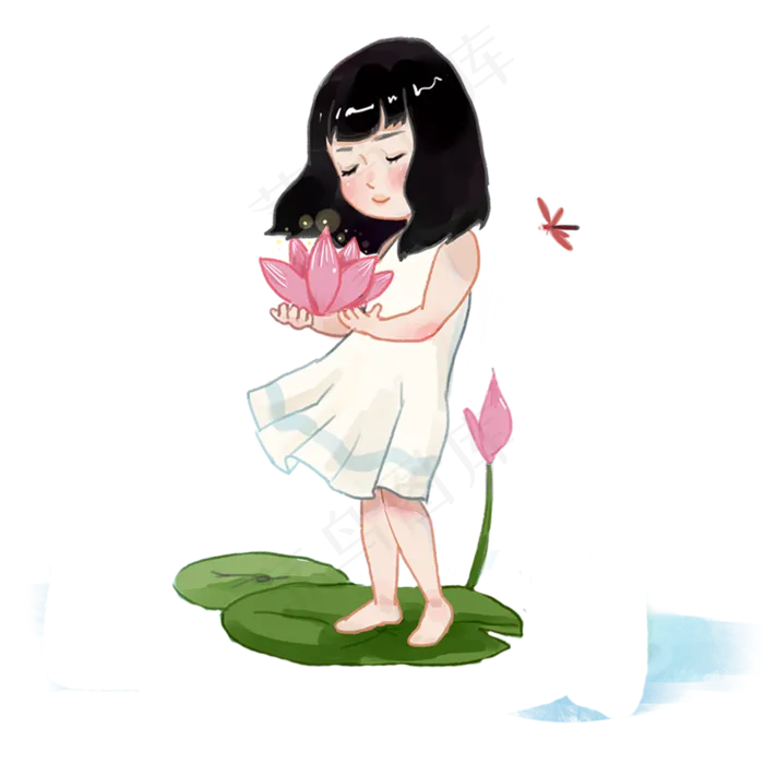 站在荷叶手捧荷花的小女孩(2000X2000(DPI:300))psd模版下载