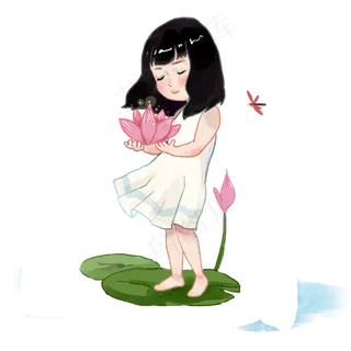 站在荷叶手捧荷花的小女孩
