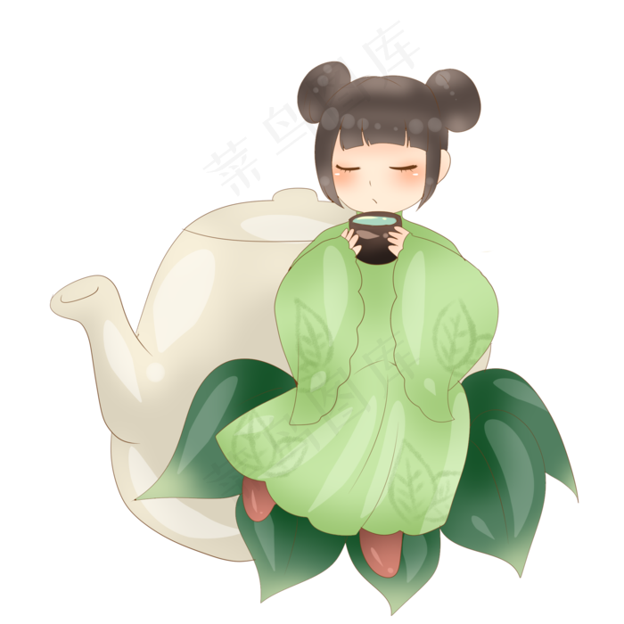 谷雨饮茶的小女孩(2000X2000(DPI:299))psd模版下载