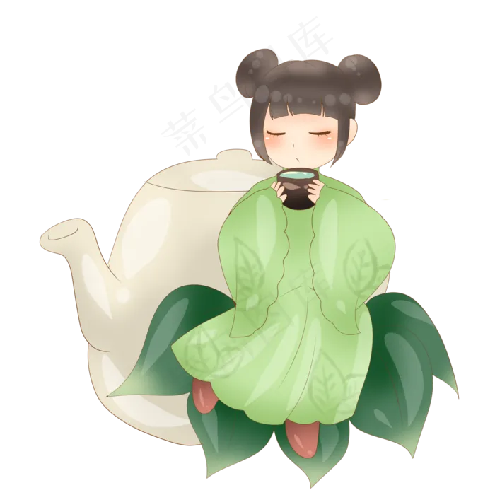 谷雨饮茶的小女孩(2000X2000(DPI:299))psd模版下载