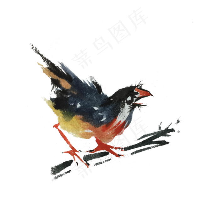 中国风水墨重彩喜鹊手绘插画,免抠元素